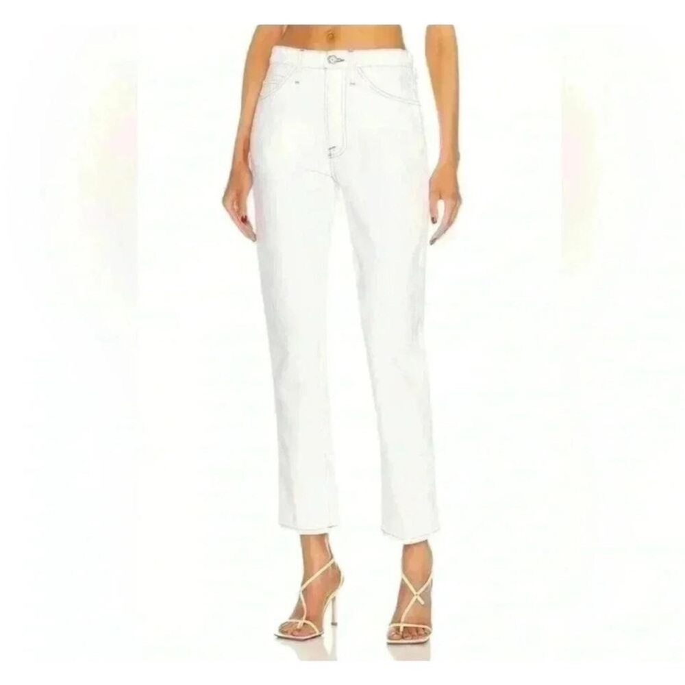 FRAME Le high straight white denim with exsposed blue stitching detail: 27